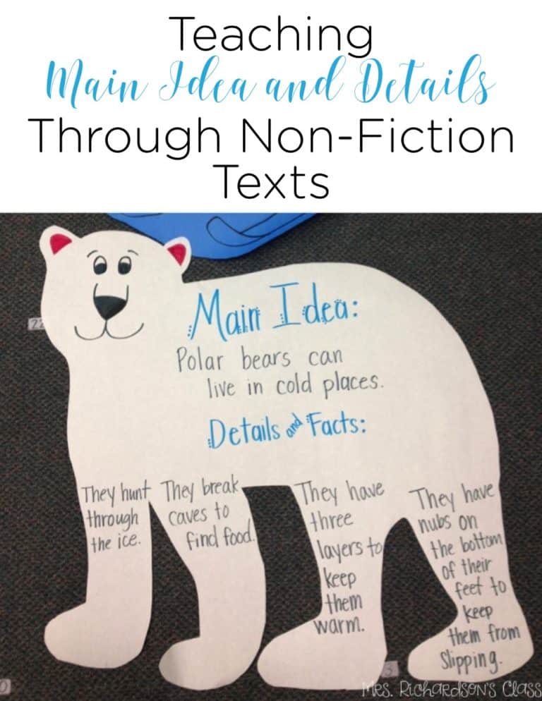 Teaching main idea and details to first graders is engaging and simple with these visuals! Grab the freebie while you are there so your students can write about main idea and details!