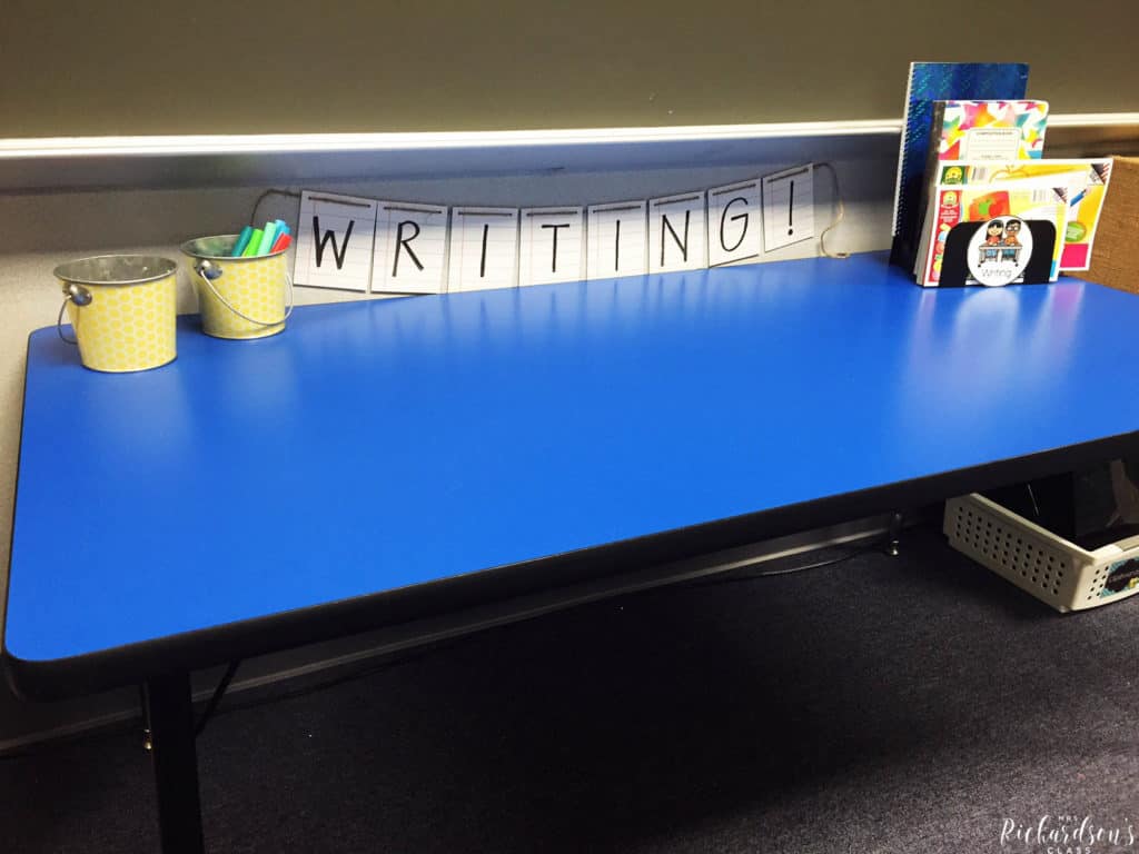 Writing station set up that is simple and easy! I love how this teacher organizes and introduces her literacy stations. No more changing stations out each week!
