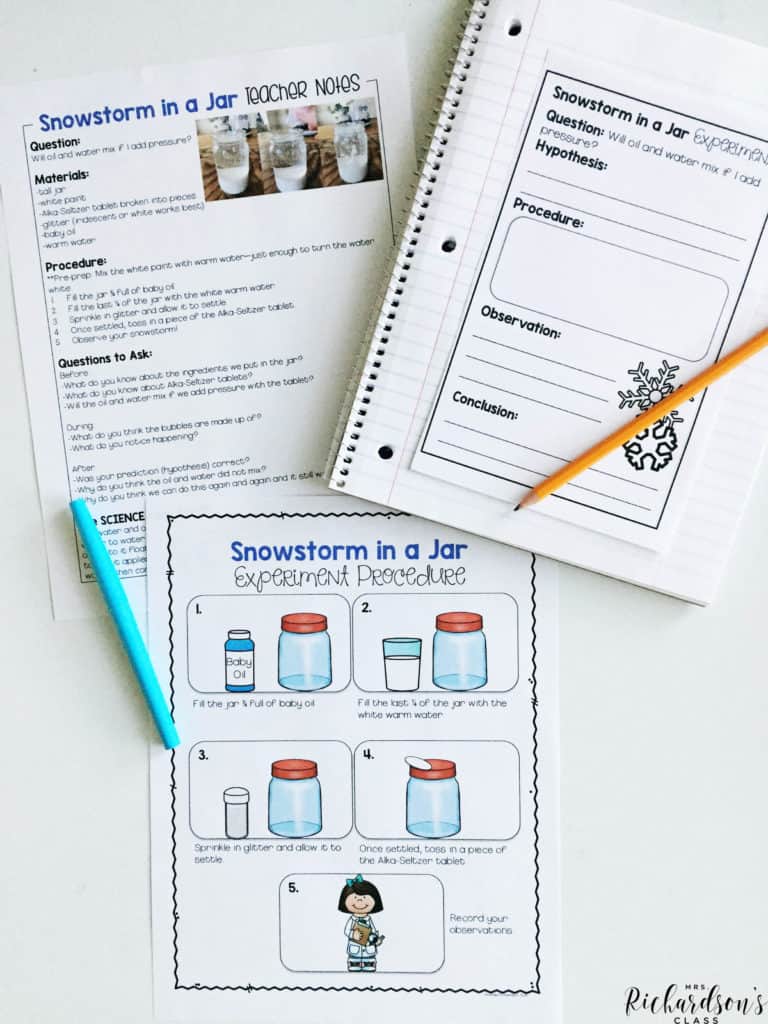 This snowstorm in a jar experiment is loved by students! It's perfect for your classroom as you explore snow activities or season activities for kindergarten or first graders!